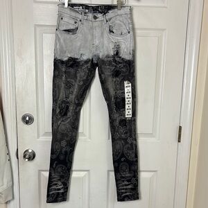 NEW COPPER RIVET Slim Fit Distressed Gray and Black Paisley Jeans Size 30/32